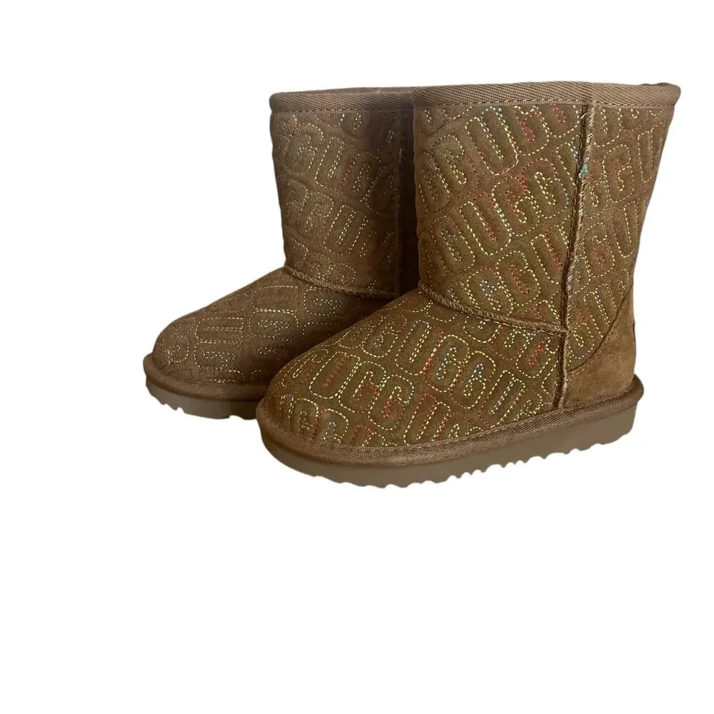 UGG Classic II Graphic Stitch Logo Brown Winter Boots  Toddler Size 9